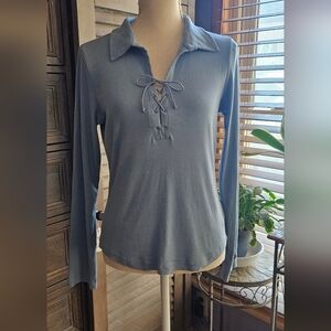 Tommy Hilfiger Women’s Lace-Up Collared Long Sleeve Cotton Top - Blue